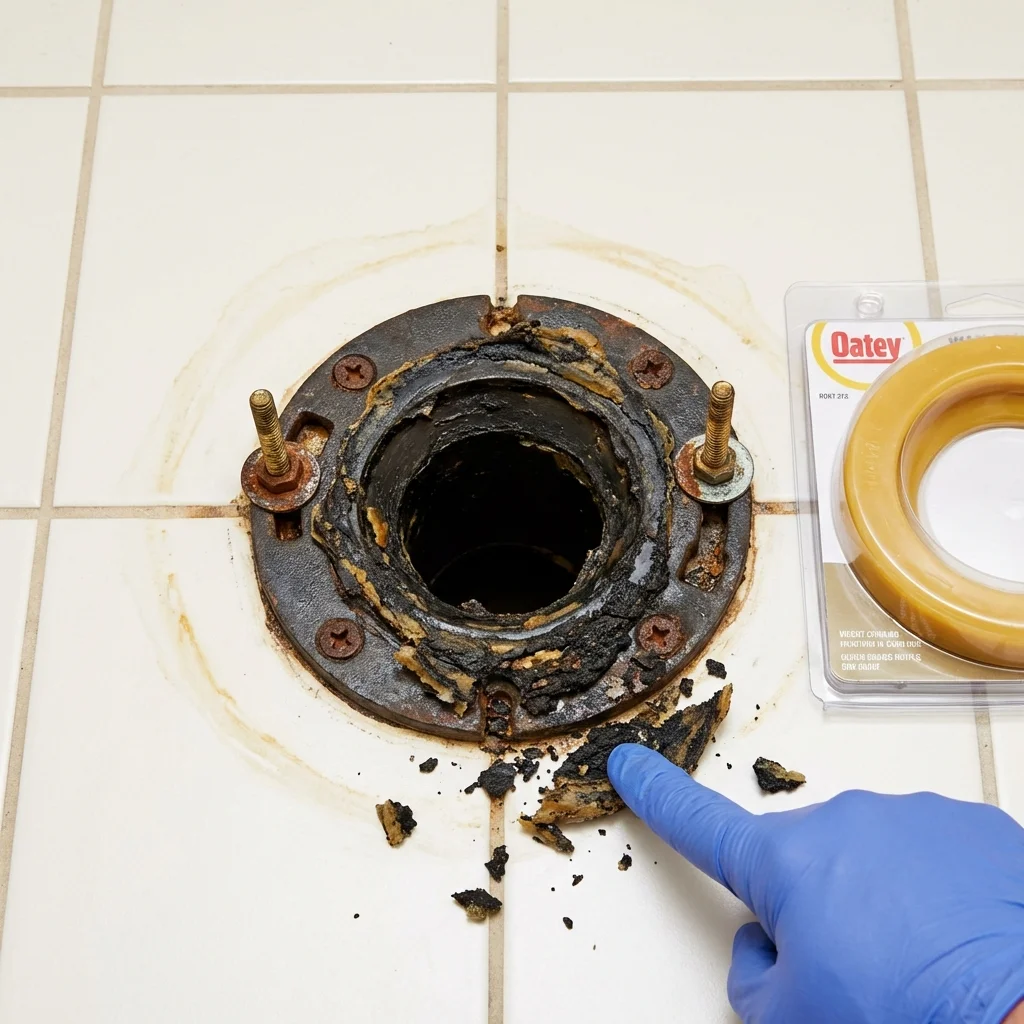Failed wax ring showing water seepage at the base of a toilet in a Poplar Bluff, MO home